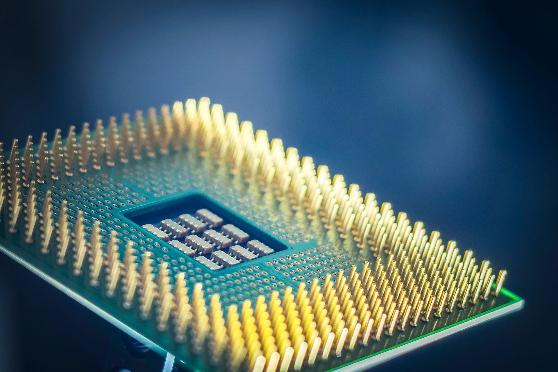 Macro photo of a CPU chip on a blue background